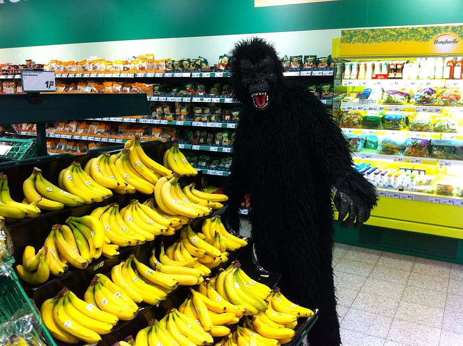 monkey, banana, costume, supermarket, retail, food and drink, store, food, healthy eating, shopping