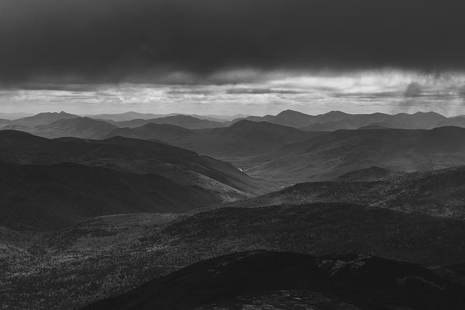 mountain, highland, black and white, landscape, view, dark, clouds, sky, environment, mountain range