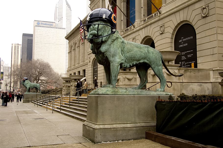 chicago menanggung 2007 mangkuk super, patung, singa, helm sepak bola, museum, kota, arsitektur, eksterior bangunan, struktur yang dibangun, representasi