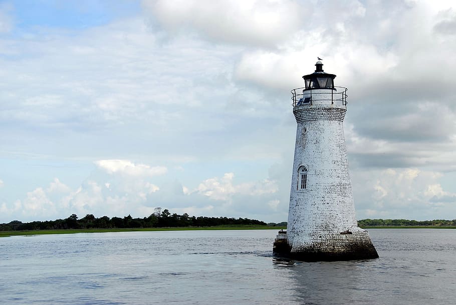 white, lighthouse, surrounded, body, water, beacon, coast, historic, island, landmark