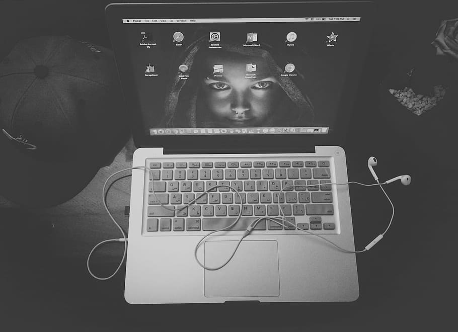 aerial, grayscale photography, macbook, pro, turned-on screen, black and white, apple, laptop, music, still