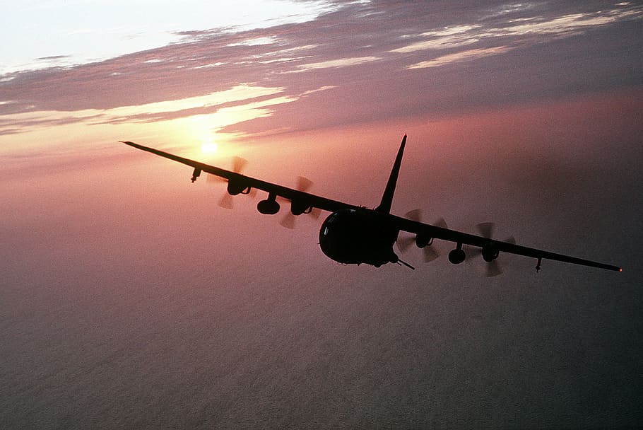 aircraft silhouette, cargo, military, ac-130, hercules, flying, flight, transport, turboprop, aviation