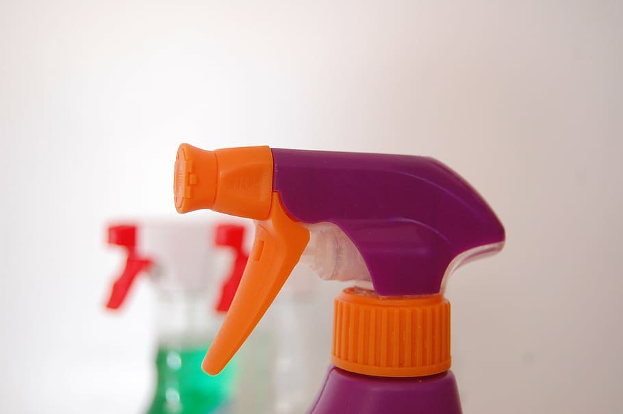 purple, orange, spray bottle, cleaning, liquid, packaging, do chores, clean up, plastic, red