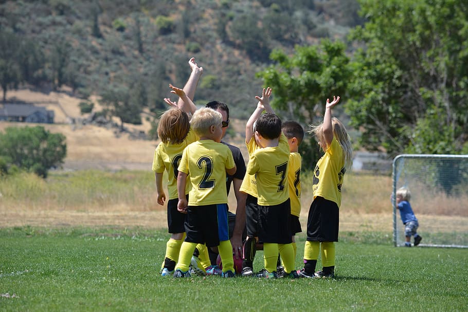 幼児, サッカーチーム, 立っている, チーム, 草, 応援, フィールド, ゲーム, スポーツ, 若い