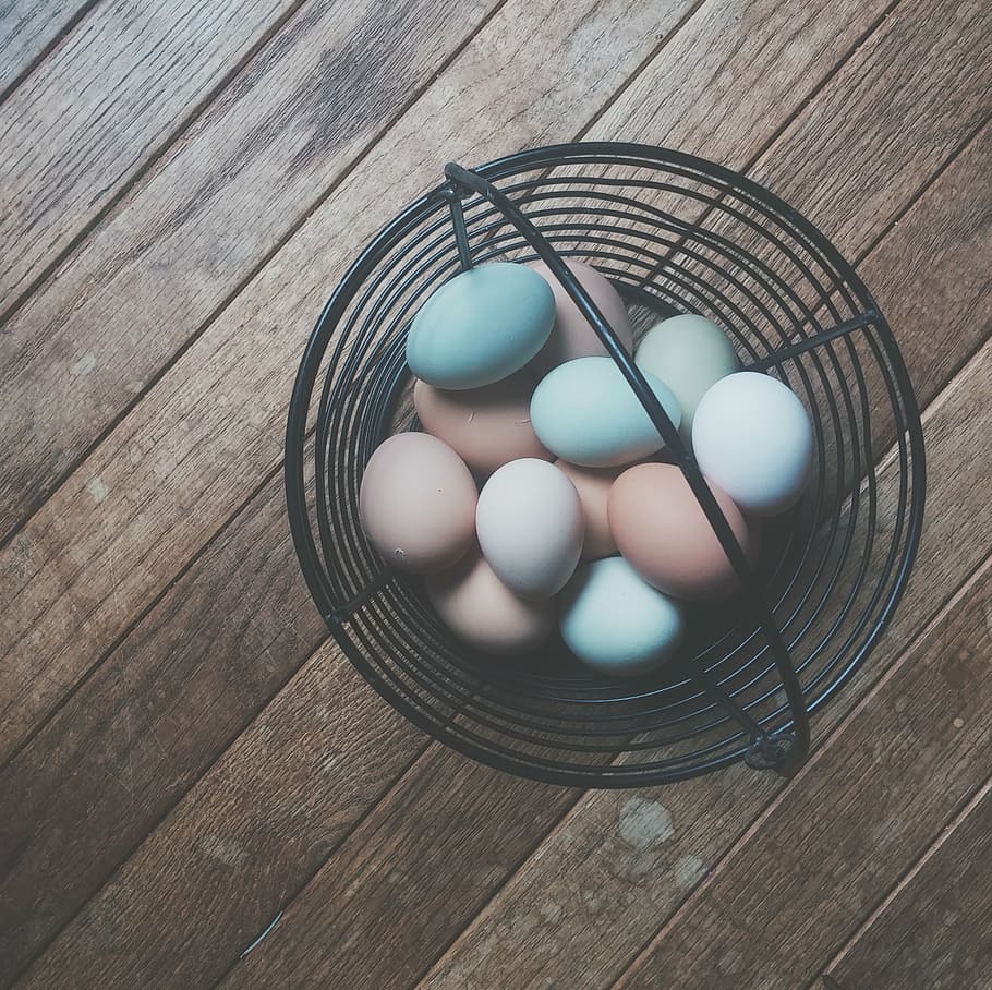 basket, poultry eggs, metal, colored, eggs, easter, hardwood, floors, wood - material, high angle view