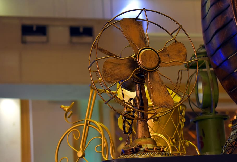 antique, old fan, brass item, show piece, technology, indoors, metal, industry, close-up, fan