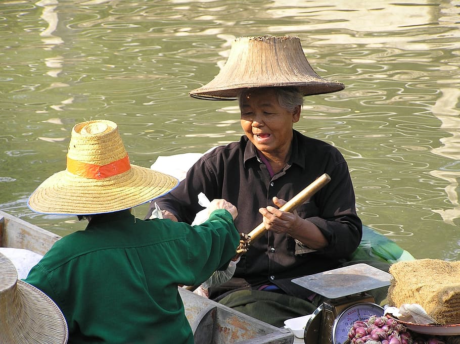 thailand, floating market, thai, asia, people, traditional, woman, water, hat, clothing