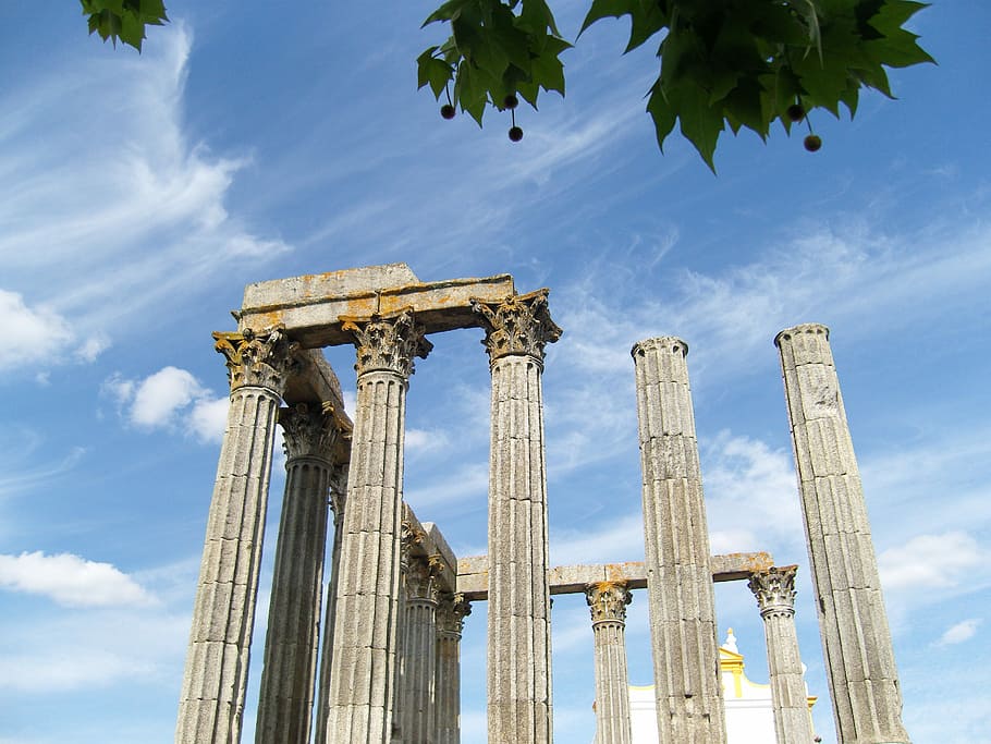 Situs Warisan Dunia Unesco, benteng evora, kompleks diana kuil roman, berbentuk kolom, romawi, kolom korintus, portugal, evora, kuno, langit