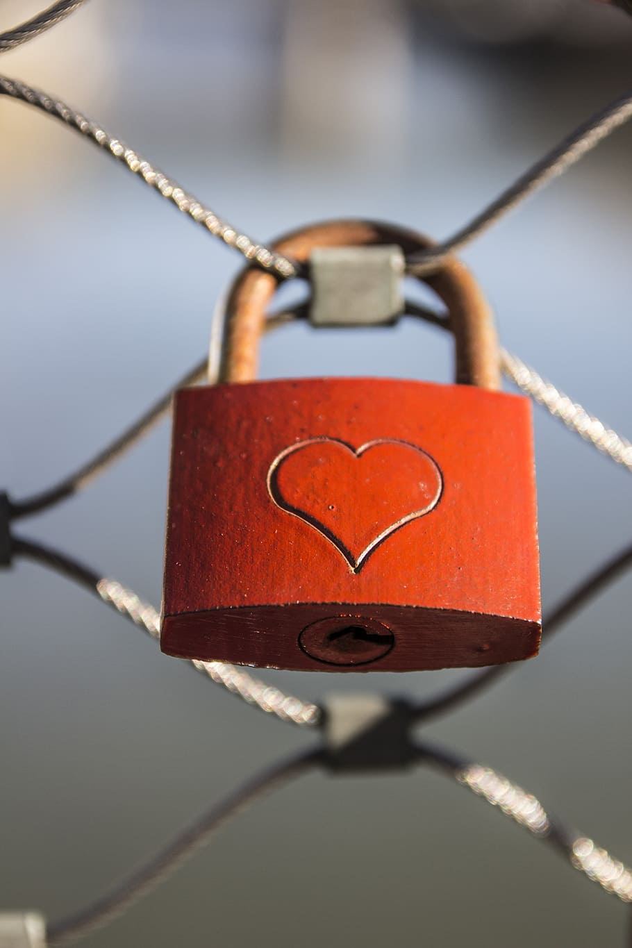 bokeh shot, orange, brown, heart-printed padlock, heart, castle, love, padlock, fence, love castle