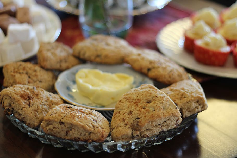 baked, cookies, clear, glass plate, Scones, Butter, Lunch, Bread, Tasty, traditional