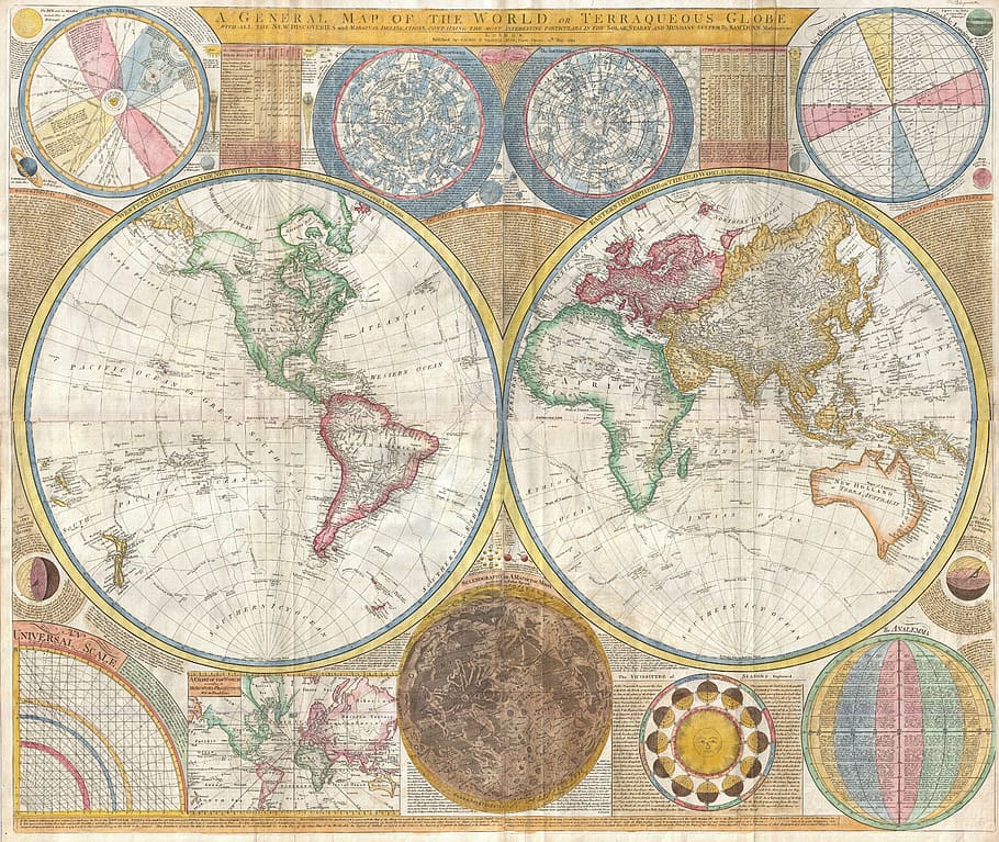 Ilustración de Nova Orbis Tabula, mapa del mundo, continentes, globo, global, mapa, históricamente, antiguo, país, internacional