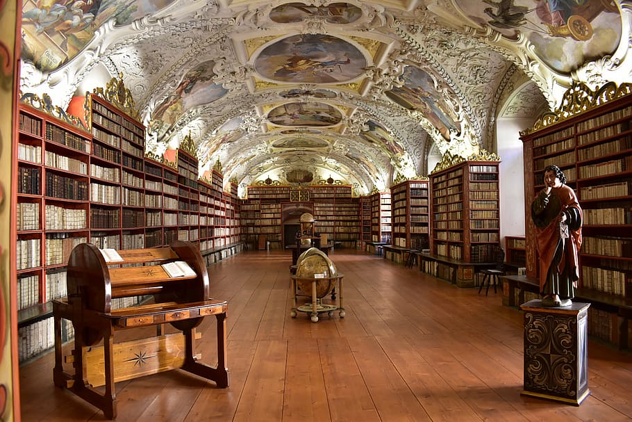 brown, wooden, desk, front, shelves, library, historical, fresco, light, globe