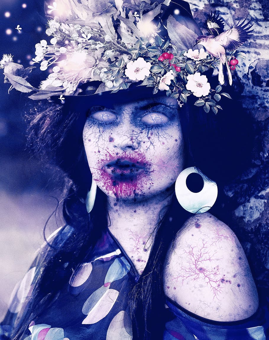 mulher, vestindo, cocar de flores, misterioso, horrível, dia das bruxas, assustador, rosto, retrato, macabro