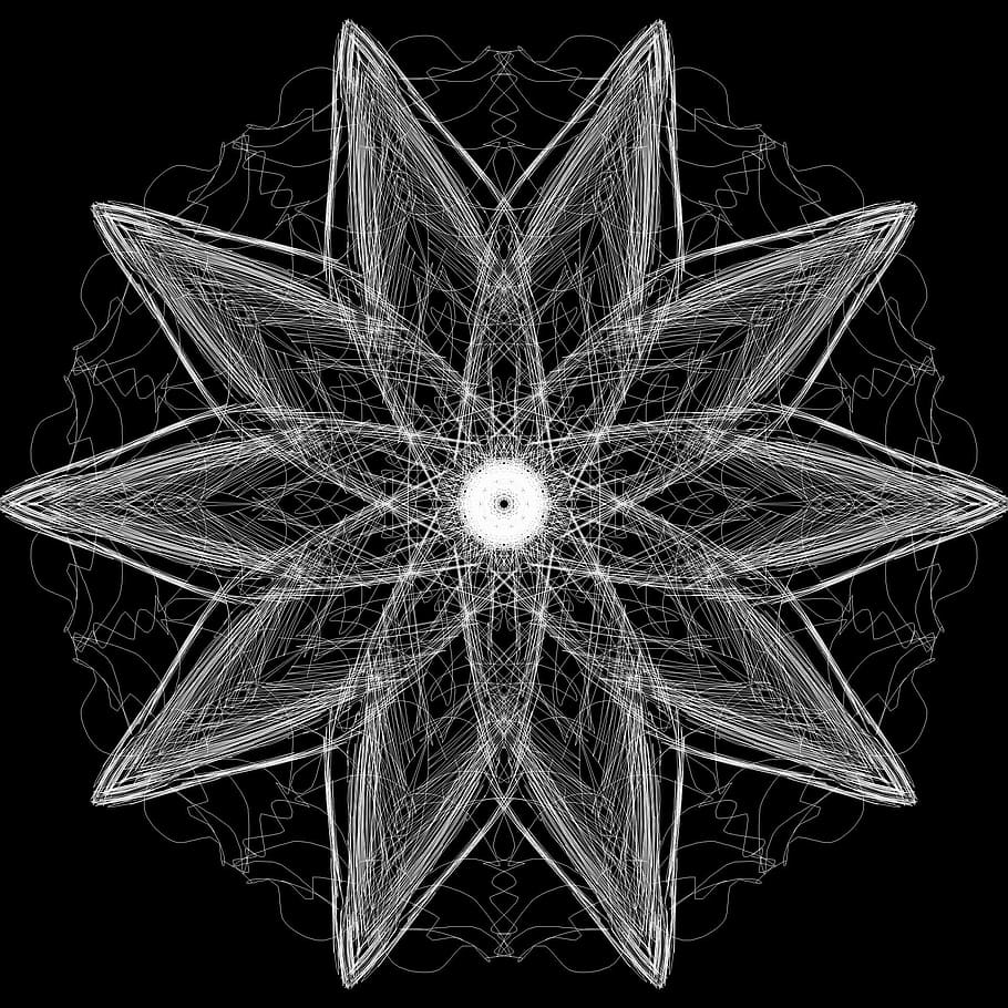 white flower sketch, mandala, psychedelic, neon, artebyspacemandala, black background, pattern, studio shot, illuminated, night