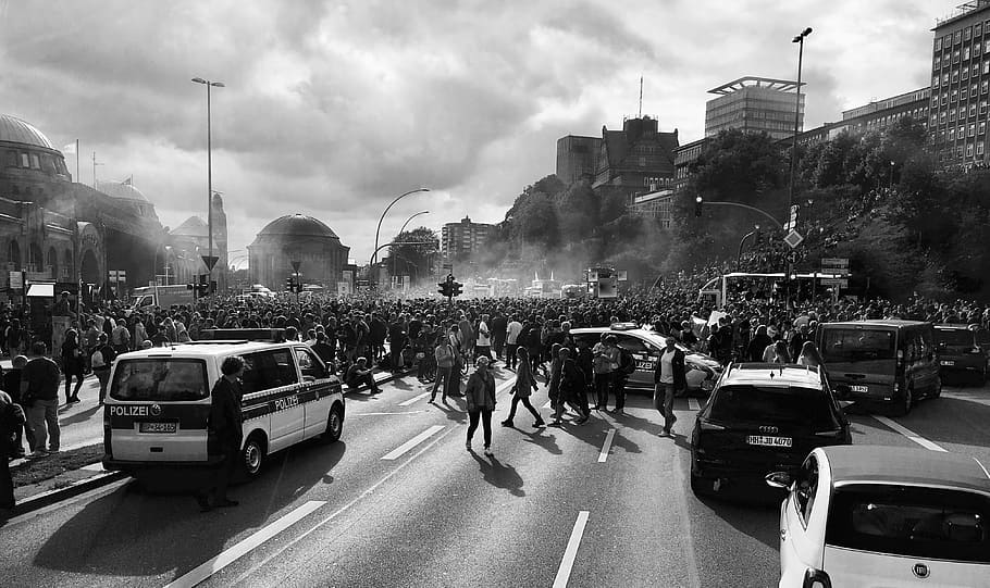 people, concrete, road, demonstration, hamburg, g20, human, police, mass, police car