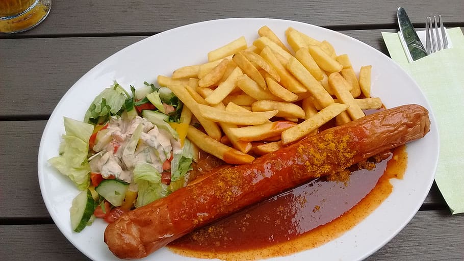 Currywurst, Eat, French Fries, french, fast food, gastronomy, bart sausage, giant curry sausage, nutrition, snack