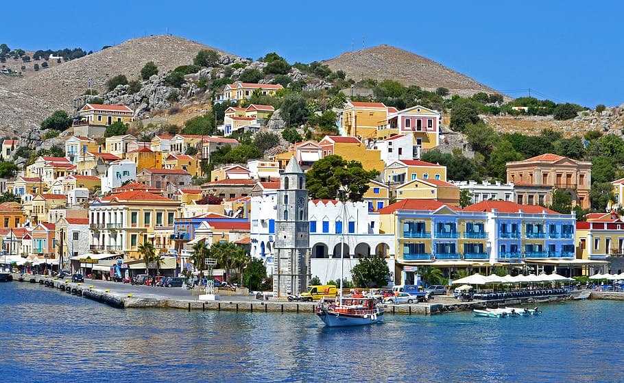 boat, pier, buildings, city, mountains, chapel, greece, simi, sea, quay