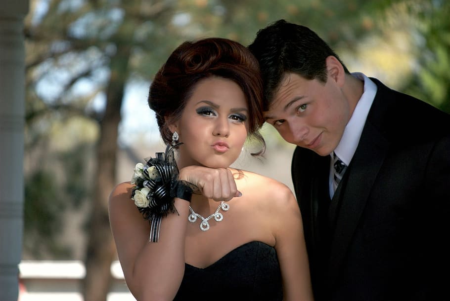 man, woman, posing, taking, teenagers, prom, formal, young, fashion, outdoors