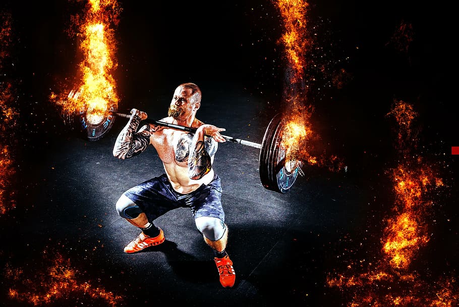 man, carrying, fire barbel, muscles, weightlifter, strong, force, human, strength, sport