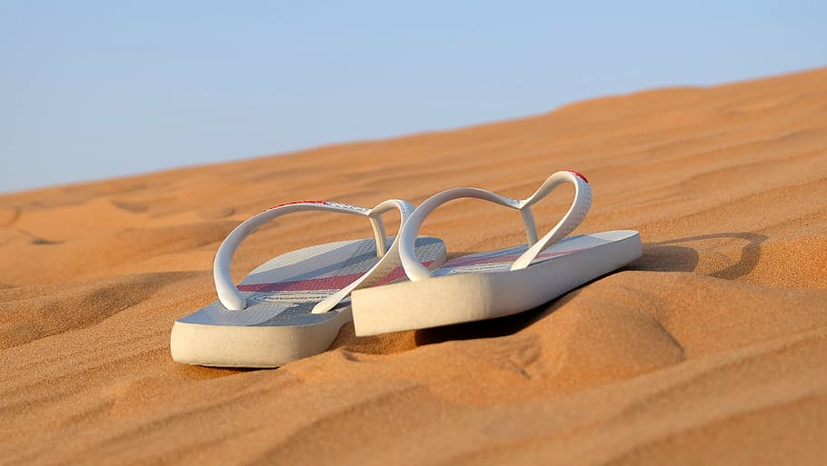 pair, white, flip-flops, sandals, footwear, beach, shoes, leisure, sand, vacation