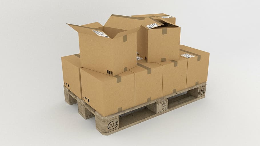 brown, cardboard boxes, top, wooden, pallet, goods, freighter, transport, wood, boxes