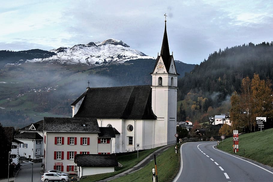 black, white, painted, church, road, highway, november, architecture, buildings, mountains