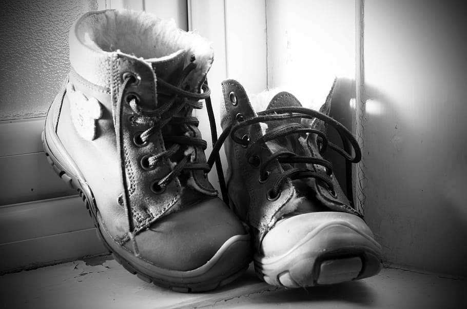 grayscale photography, black, leather work boots, grayscale, photography, leather work, work boots, boots, shoes, baby
