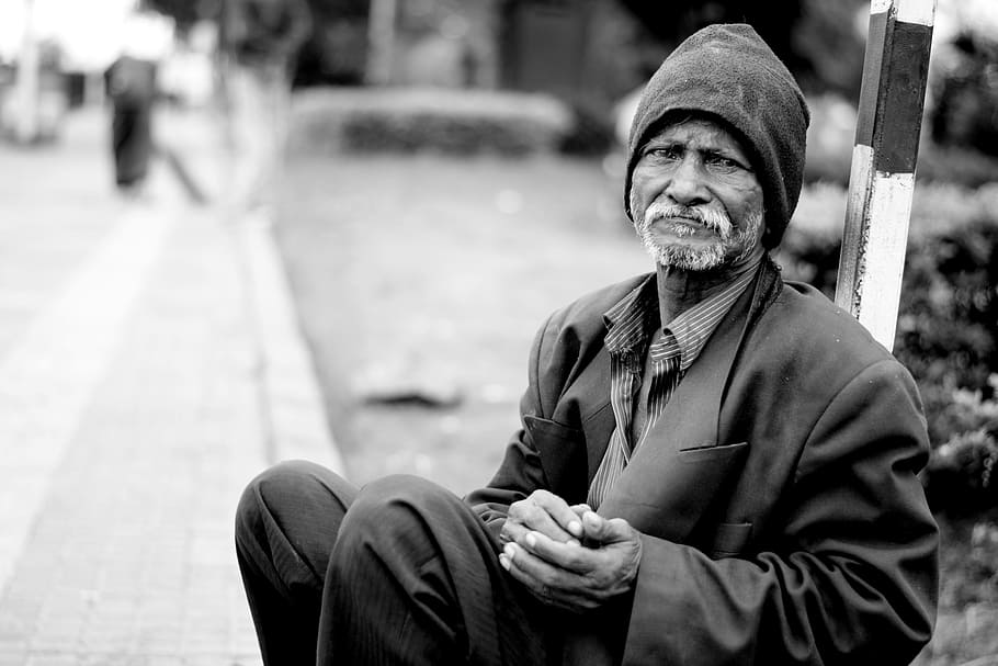 grayscale photo, man, wearing, black, knit, cap, poor, poverty, homeless, jobless