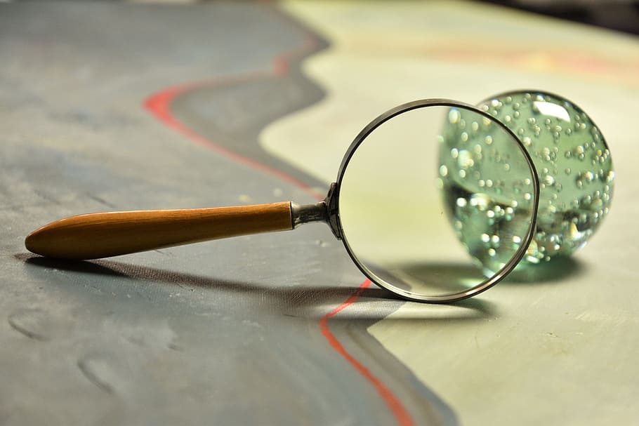 magnifying glass, see, larger view, examine, eyeglasses, glasses, glass - material, close-up, indoors, still life