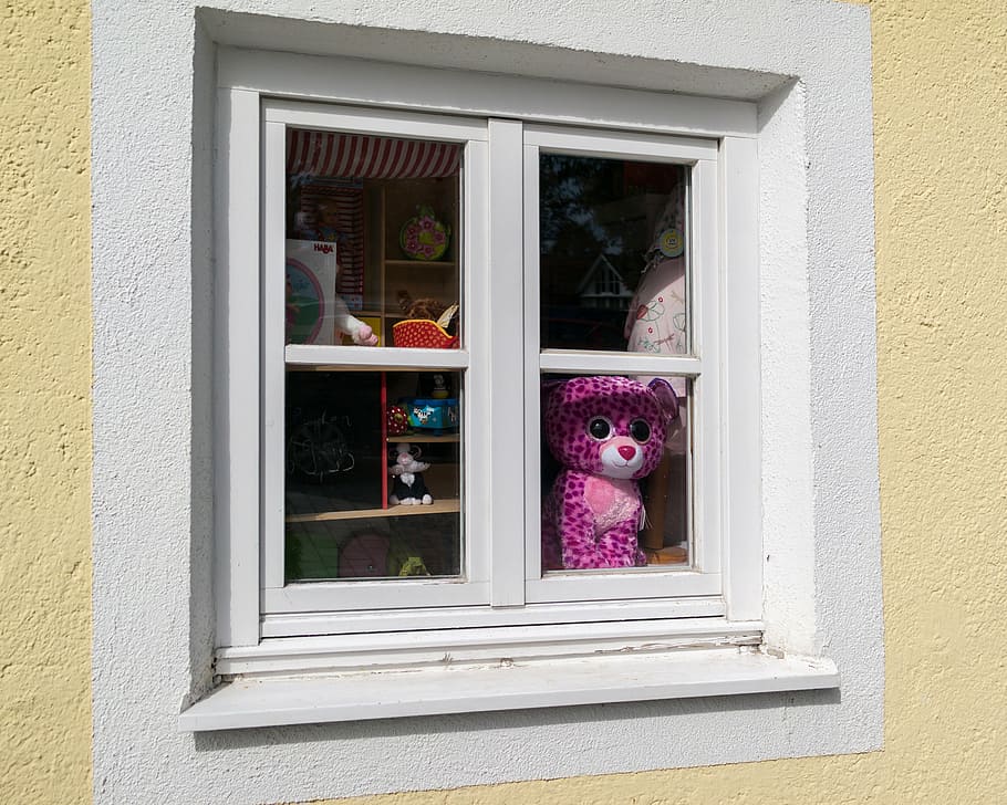 window, doll, googley bear, window frames, hauswand, home, toys, children toys, architecture, house