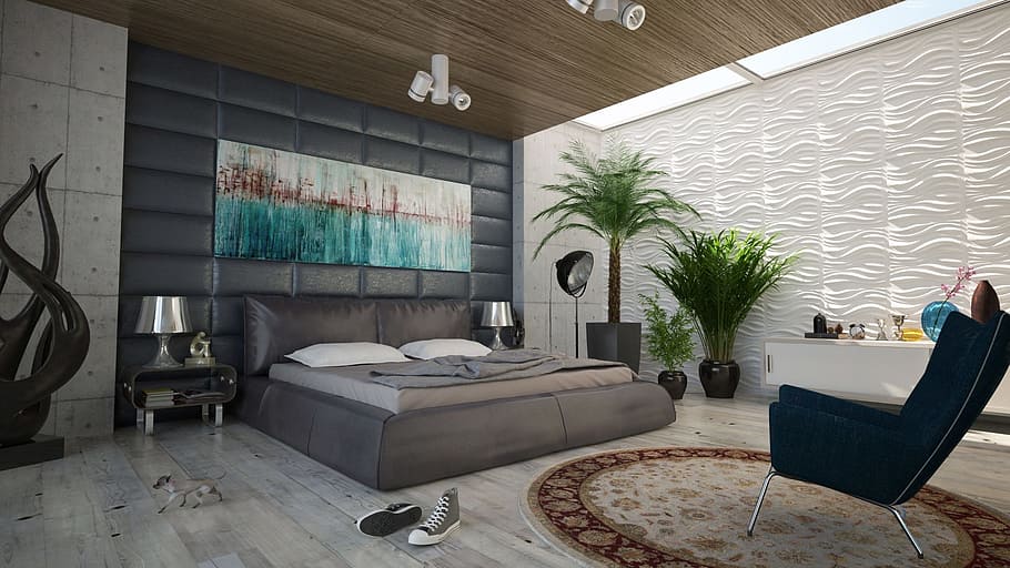 fully, furnished, bedroom, interior, view, bed, wall, decoration, design, room
