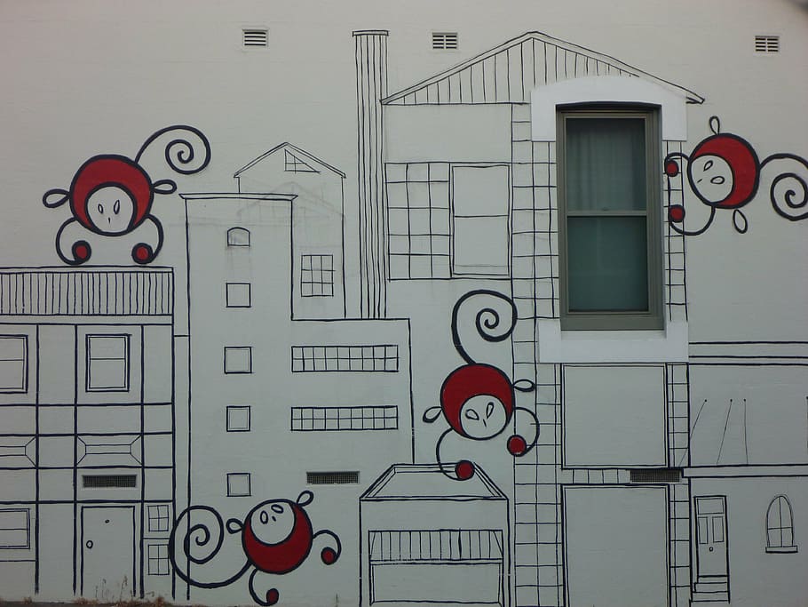 grafite, arte de rua, macacos, funky, cidade, estrutura construída, arquitetura, vermelho, exterior do edifício, sinal