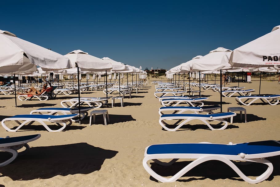 tumbonas, soleado, playa, sombrillas, salón, sillas, Sunny Beach, Bulgaria, océano, arena