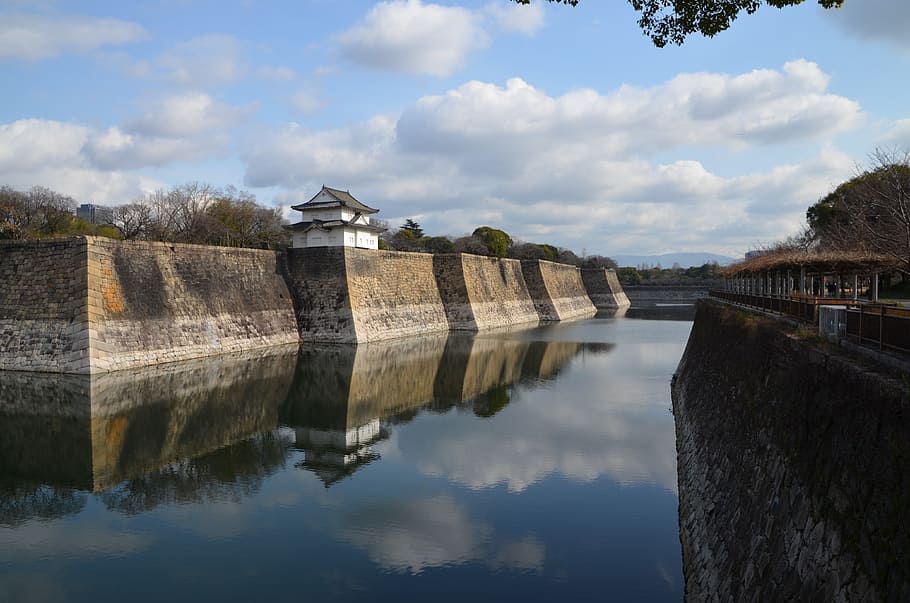 osaka castle, outer moat, moat, castle, japanese, japan, osaka, wall, water, fortress