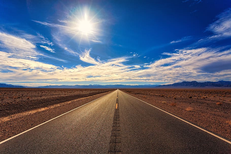 gray, asphalt road, desert field, daytime, road, sky, desert, landscape, nature, perspective