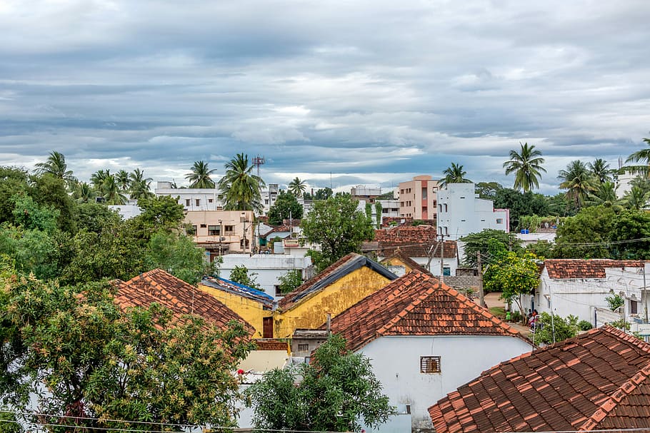 rooftops view, clouds, village, Rooftops, view, India, photos, houses, public domain, town