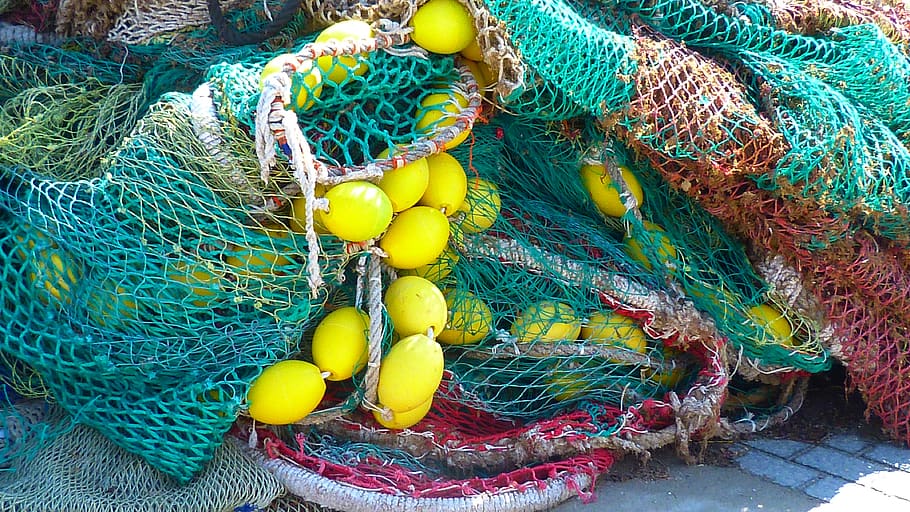 fishing net, fishing, web, colorful, rope, fishing industry, commercial fishing net, multi colored, buoy, high angle view