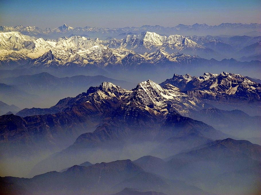 birds eye view, mountain, covered, snow, himalayas, mountains, landscape, vista, sky, clouds