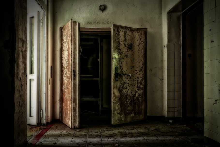 opened, rusty, brass-colored door, inside, white, room, cold room, cooling house, the morgue, lost places