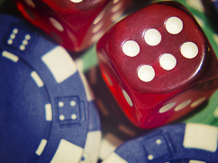 red, dice, blue, poker chips, closeup, photography, gamble, poker, chips, jackpot
