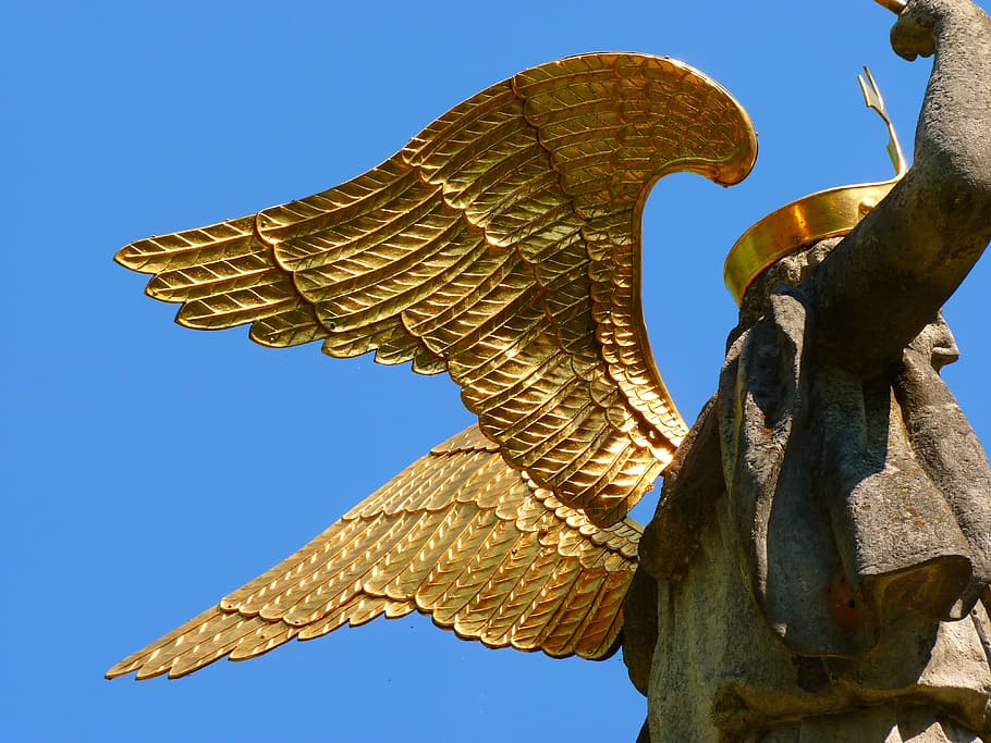 michael's fountain, neresheim, figure, wing, gold, shine, sculpture, statue, sky, art and craft