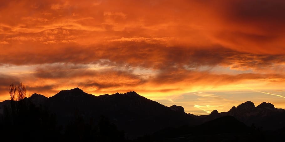 sunset, mountain range, landscape, sky, nature, morning, red, clouds, contrast, mountain