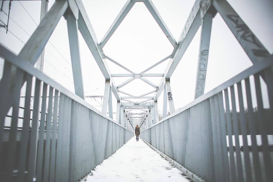 walking, Girl, Walking on, Steel Bridge, Winter, bridge, cold, iron, minimalistic, snow