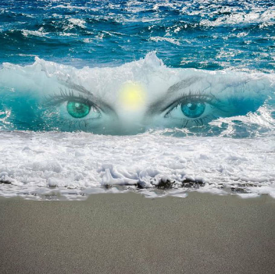 edited, sea wave, daytime, awareness, think, thoughts, dreams, face, observation, psyche