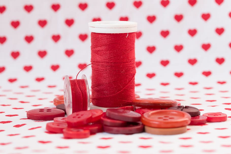 two, red, threads, buttons, thread, orb, sewing, material, textile, spindle