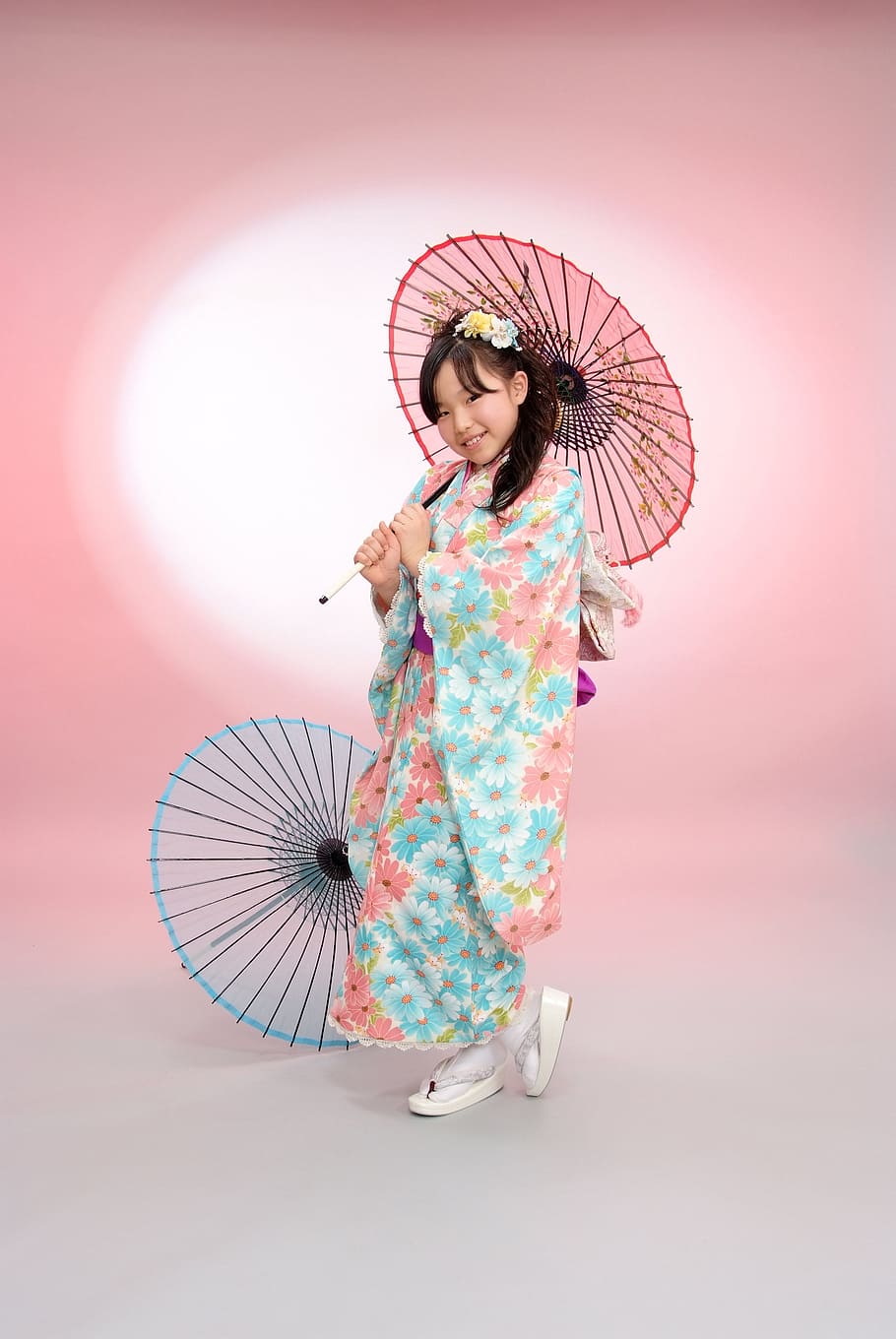 girl, wearing, kimono, holding, umbrella, kids, age ceremony, one person, full length, traditional clothing