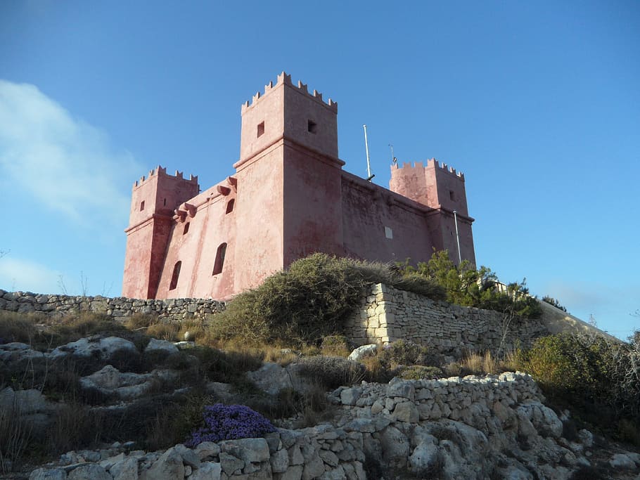 kastil, menara merah, terbuka, luhur, luar biasa, mendominasi, historis, malta, benteng, sistem pertahanan