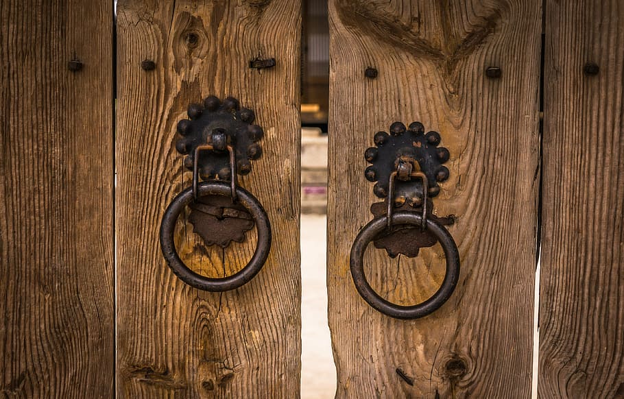 round, brown, steel door locks, knocker, traditional, gate, the front door, hanok, wood, republic of korea