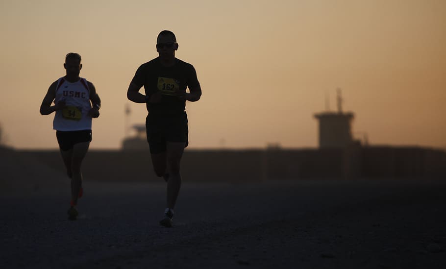 two, person jogging photography, sunset, runners, silhouette, athletes, fitness, men, military, marathon
