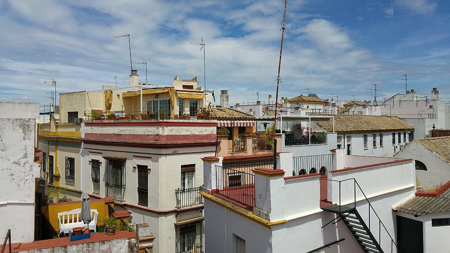roof terraces, sevilla, city view, building exterior, built structure, architecture, sky, cloud - sky, nature, building